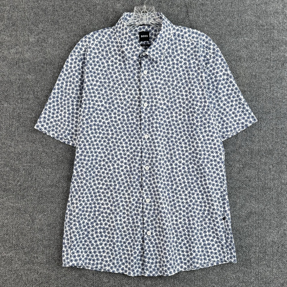 BOSS Hugo Boss Button Shirt Men's M White Blue Floral Slim Fit Short Sleeve